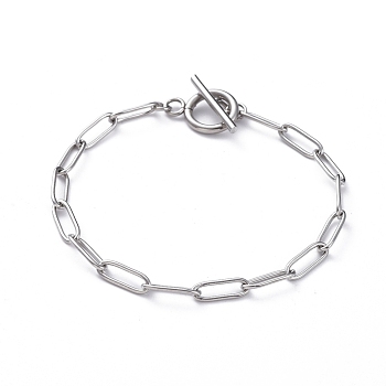 304 Stainless Steel Paperclip Chain Bracelets, with Toggle Clasps, Stainless Steel Color, 7-1/4 inch(18.5cm)