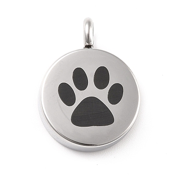 304 Stainless Steel Urn Pendants, Flat Round with Paw Print Pattern, Stainless Steel Color, 26x20x5.5mm, Hole: 5mm