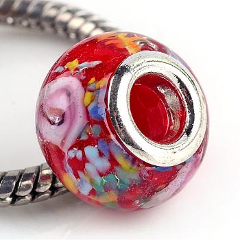 Rondelle Lampwork Large Hole European Beads, with Silver Tone Brass Cores, Red, 13~14x10~11mm, Hole: 5mm