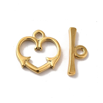 Ion Plating(IP) 304 Stainless Steel Toggle Clasps, Heart, Real 18K Gold Plated, Heart: 14x14x2mm, Hole: 1.8mm, Bar: 15.5x6x2mm, Hole: 2mm