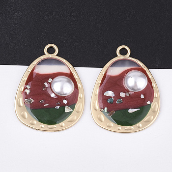 Epoxy Resin Pendants, with ABS Plastic Imitation Pearl and Shell, Alloy Findings and Enamel, teardrop, Matte Gold Color, Red, 39.5x28.5x5.5mm, Hole: 3mm