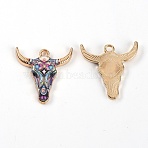 Zinc Alloy Enamel Pendants, Ox-Head Shape with Flower Pattern Charms, Colorful, 22x21x2.5mm, Hole: 2mm(ENAM-N056-214)