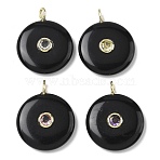 Natural Obsidian Pendants, Flat Round Charms with Brass Micro Pave Random Color Cubic Zirconia Findings, Golden, 31~31.5x25x7mm, Hole: 2x3mm(G-I391-02G-05)
