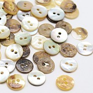 2-Hole Flat Round Mother of Pearl Buttons, Camel, 7.5x1~1.5mm, Hole: 1.5mm, about 1440pcs/bag(SHEL-N033-07)