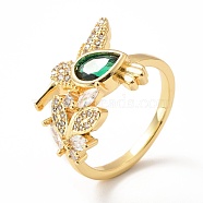 Cubic Zirconia Leaf Open Cuff Ring, Real 18K Gold Plated Brass Jewelry for Women, Lead Free & Cadmium Free, Green, US Size 6 1/2(16.9mm)(RJEW-H101-28G)