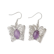 Natural Amethyst Butterfly Dangle Earrings for Women, Platinum Brass Jewelry for Women, Cadmium Free & Lead Free, 38mm, Pin: 0.6mm(EJEW-E283-01P-01)