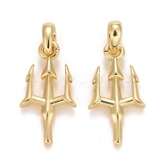 Rack Plating Real 18K Gold Plated Brass Pendants, with Jump Rings, Long-Lasting Plated, Lead Free & Cadmium Free, Fork, Golden, 17x9x2mm, Hole: 4x2.5mm(KK-E271-04G)