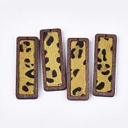 Eco-Friendly Cowhide Leather Big Pendants, with Dyed Wood, Rectangle with Leopard Print, Gold, 56x19x3mm, Hole: 1.2mm(FIND-S301-30C-05)