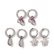 3 Pairs 3 Styles 304 Stainless Steel Clay Rhinestone Huggie Hoop Earrings, Teardrop & Rainbow & Star Charm Earrings for Women, Stainless Steel Color, 23~26x8~12mm, 1 pair/style(EJEW-K279-08C-P)