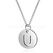 201 Stainless Steel Initial Pendants Necklaces, with Cable Chains, Flat Round with Letter, Stainless Steel Color, Letter.U, 16.3 inch(40cm), 1mm(NJEW-S069-TN507-U)