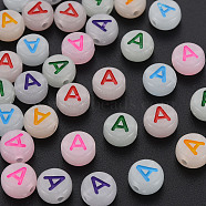Acrylic Beads, Glow in the Dark, with Enamel and Luminous, Horizontal Hole, Flat Round with Alphabet, Letter.A, 6.5x7x4mm, Hole: 1.6mm(X-MACR-N008-58A)