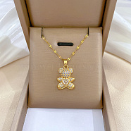 Brass with Rhinestone Bear Pendant Necklaces, with 201 Stainless Steel Chains, Bear, 17.95 inch(45.6cm)(NJEW-Z026-03B)