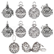 10Pcs 5 Styles Round Brass Hollow Cage Pendants, For Chime Ball Pendant Necklaces Making, Antique Silver, 28~34x22~30x21~25mm, Hole: 5~9x3.5~7mm, 2pcs/style(KK-SC0003-07)