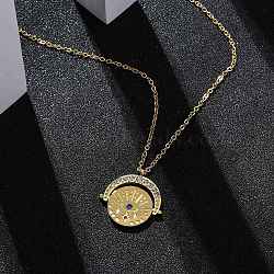 304 Stainless Steel Crystal Rhinestone Coin Evil Eye Pendant Necklaces for Women, Ion Plating(IP), Real 18K Gold Plated, 17.87 inch(45.4cm)(NJEW-U032-04G)