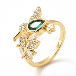 Cubic Zirconia Leaf Open Cuff Ring, Real 18K Gold Plated Brass Jewelry for Women, Lead Free & Cadmium Free, Green, US Size 6 1/2(16.9mm)(RJEW-H101-28G)
