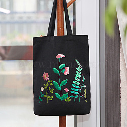 DIY Flower Pattern Tote Bag Embroidery Kit, including Embroidery Needles & Thread, Cotton Cloth, Plastic Embroidery Frame, Black, 390x340mm(PW22121387208)