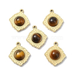 Natural Tiger Eye Pendants, 304 Stainless Steel Charms, Real 14K Gold Plated, Rhombus, 20x17.5x6mm, Hole: 1.6mm(STAS-L080-009G-08)