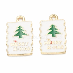 Alloy Enamel Pendants, for Christmas, Light Gold Plated, Rectangle with Tree Pattern, White, 21x12x1mm, Hole: 1mm(ENAM-J649-24LG-A)