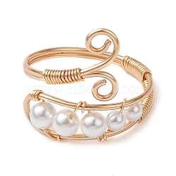 Natural Pearl Beaded Open Cuff Rings, Copper Wire Wrap Finger Ring, Light Gold, Inner Diameter: 18mm(RJEW-TA00110-02)