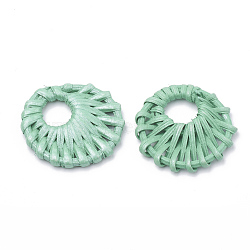 Handmade Spray Painted Reed Cane/Rattan Woven Pendants, For Making Straw Earrings and Necklaces, Dyed, Pearlized Effect, Flat Round, Aquamarine, 39~43x5~5.5mm; inner diameter: 12~13mm(WOVE-N007-03B)