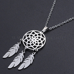 201 Stainless Steel Pendants Necklaces, with Cable Chains and Lobster Claw Clasps, Woven Net/Web with Feather, Stainless Steel Color, 17.71 inch(45cm), 1.5mm(NJEW-S105-JN727-45-1)