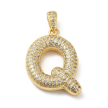 Brass Micro Pave Cubic Zirconia Pendants, Cadmium Free & Lead Free, Long-Lasting Plated, Real 18K Gold Plated, Letter Q, 25.5x19x5.5mm, Hole: 4.5x3mm