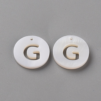 Natural Freshwater Shell Pendants, Flat Round with Letter, Letter.G, 12x1.5mm, Hole: 1mm