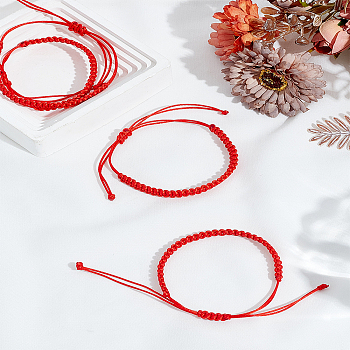 4Pcs Nylon String Cord Bracelets, Knot Adjustable Bracelets for Women, Red, Inner Diameter: 1-1/2~3-3/8 inch(3.7~8.5cm)