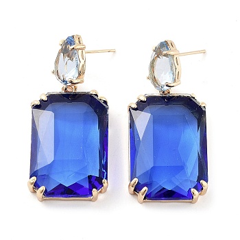 Glass Rectangle Dangle Stud Earrings, Light Gold Brass Earrings, Blue, 42.5x18.5mm