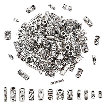 120Pcs 12 Styles Tibetan Style Alloy Tube Beads, Column, Antique Silver, 6~14x2.5~7mm, Hole: 1.2~4mm, 10pcs/style