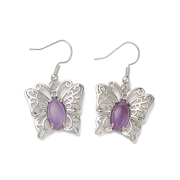 Natural Amethyst Butterfly Dangle Earrings for Women, Platinum Brass Jewelry for Women, Cadmium Free & Lead Free, 38mm, Pin: 0.6mm