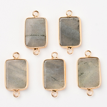 Natural Labradorite Gemstone Links, with Light Gold Plated Edge Brass Loops, Rectangle, 28.5x15x3.5mm, Hole: 2mm