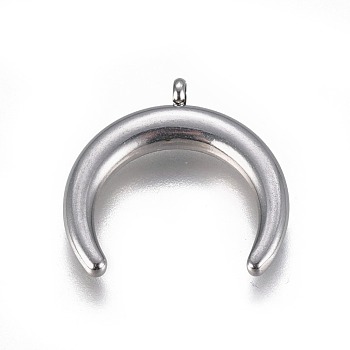 304 Stainless Steel Pendants, Double Horn/Crescent Moon, Stainless Steel Color, 22.5x23x4mm, Hole: 1.8mm