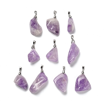 Natural Amethyst Pendants, Nuggets Charms with Platinum Tone Brass Snap on Bails, 40~56x19~31x10~19mm, Hole: 5.5x4mm