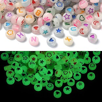 Luminous Acrylic Beads, Flat Round, Mixed Color, 7x3.5~4mm, Hole: 1.2mm, 4 styles, 500pcs/box