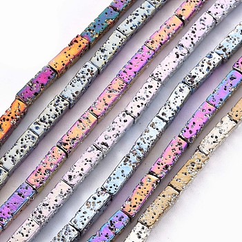 Electroplated Natural Lava Rock Beads Strands, Cuboid, Bumpy, Mixed Color, 12.5x4x4mm, Hole: 1mm, about 32pcs/strand, 15.75 inch(40cm)