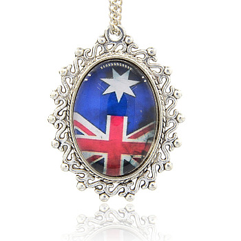 Antique Silver Tone Alloy Glass Pendants, Oval with Union Jack Pattern, Blue, 38x29x7mm, Hole: 2mm