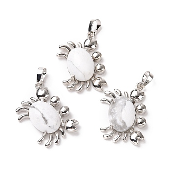 Natural Howlite Pendants, with Platinum Plated Brass Findings, Cadmium Free & Lead Free, Crab, 33x22x8.5mm, Hole: 8x5mm