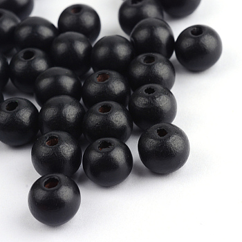 Natural Wood Beads, Dyed, Round, Black, 12x11mm, Hole: 4mm, about 1800pcs/1000g