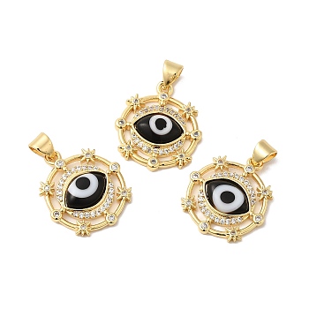 Handmade Evil Eye Lampwork Pendants, with Brass Cubic Zirconia Finding, Cadmium Free & Lead Free, Real 18K Gold Plated, Flat Round Charm, Black, 20.5x17.5x3.3mm, Hole: 3x4.3mm