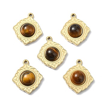 Natural Tiger Eye Pendants, 304 Stainless Steel Charms, Real 14K Gold Plated, Rhombus, 20x17.5x6mm, Hole: 1.6mm