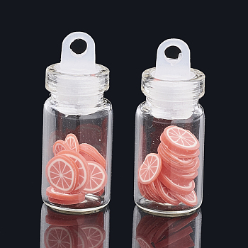 Handmade Polymer Clay Nail Art Decoration Accessories, with Glass Wishing Bottle and CCB Plastic Bottle Stopper, Pomelo, Tomato, 4~8x4~8x0.1~2mm, about bottle: 27.5x11mm, hole: 3mm