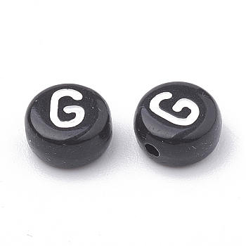 Opaque Acrylic Horizontal Hole Beads, with Enamel, Flat Round, Letter G, 7x4mm, Hole: 1.5mm