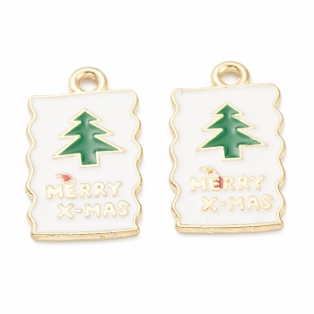 Alloy Enamel Pendants, for Christmas, Light Gold Plated, Rectangle with Tree Pattern, White, 21x12x1mm, Hole: 1mm