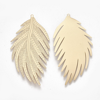 Brass Big Pendants, Etched Metal Embellishments, Leaf, Light Gold, 64x32x0.3mm, Hole: 1.4mm