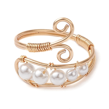 Natural Pearl Beaded Open Cuff Rings, Copper Wire Wrap Finger Ring, Light Gold, Inner Diameter: 18mm