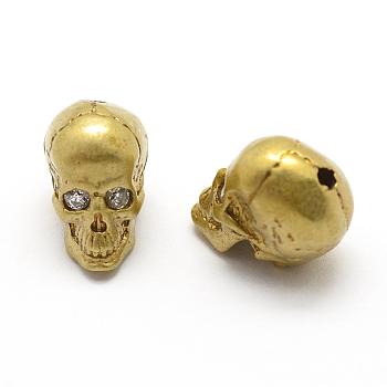Brass Beads, Nickel Free, with Cubic Zirconia, Skull, Raw(Unplated), 11.5x8.5x11mm, Hole: 2mm