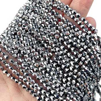 Transparent Electroplate Glass Beads Strands, Full Plated, Faceted, Bicone, Platinum Plated, 3.5~3.8x3mm, Hole: 0.8mm, about 113~115pcs/strand, 14.17~14.37 inch(36~36.5cm)