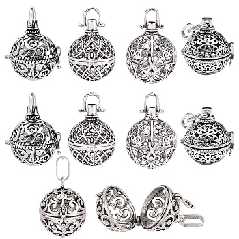 10Pcs 5 Styles Round Brass Hollow Cage Pendants, For Chime Ball Pendant Necklaces Making, Antique Silver, 28~34x22~30x21~25mm, Hole: 5~9x3.5~7mm, 2pcs/style