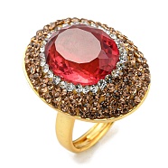 Red Glass Oval Adjustable Ring with Rhinestone, Brass Ring for Women, Golden, US Size 8 1/4(18.3mm)(RJEW-D005-03G)